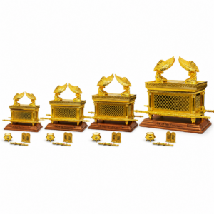 Gold-plated cast metal Ark of the Covenant replica with removable lid, mirrored interior, Ten Commandments tablets, Aaron's Rod, and Golden Pot of Manna, available in Small, Medium, Large, and X-Large sizes for Christian home décor, churches, and Bible study displays.