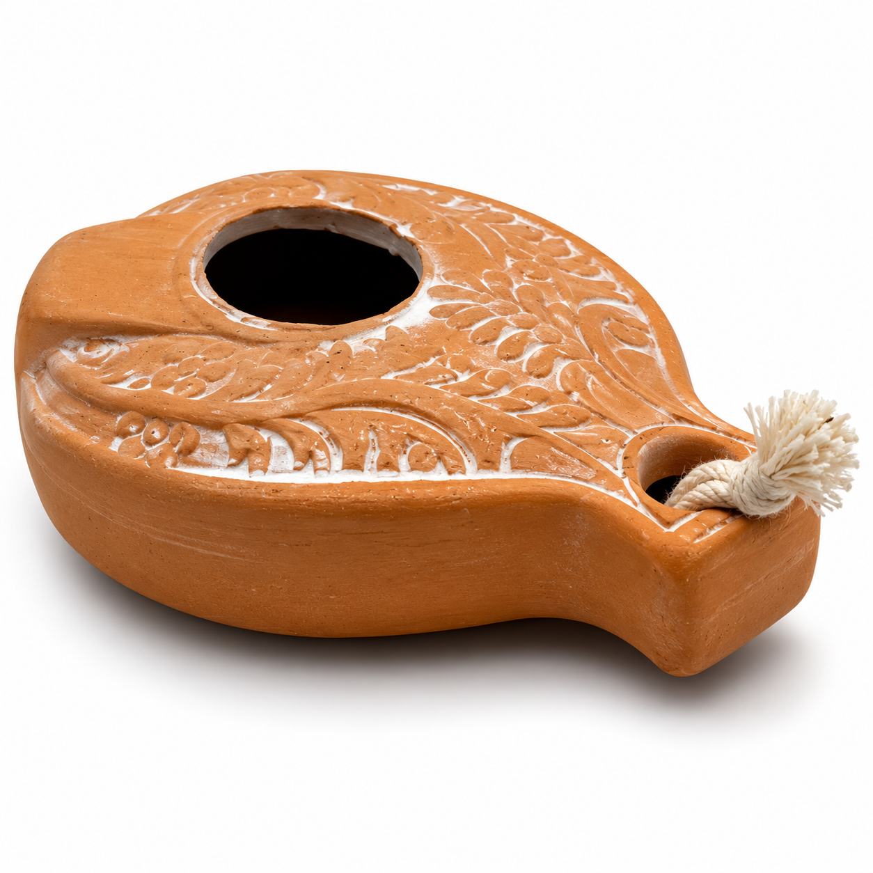 Replica biblical clay oil lamp with wick, functional terracotta lamp inspired by ancient Israel