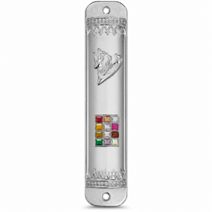 Silver-plated 12 Tribes Mezuzah featuring the Hebrew Shin symbol representing Shaddai, the colorful Hoshen Priestly Breastplate symbolizing the Twelve Tribes of Israel, and an included Hebrew Scripture parchment for traditional Jewish doorway blessings.