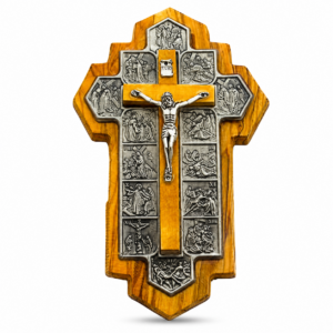 Handcrafted Olive Wood 14 Stations of the Cross wall cross made in Bethlehem featuring a central crucifix surrounded by the fourteen Stations of the Cross, a Catholic Holy Land devotional cross for Christian home décor.