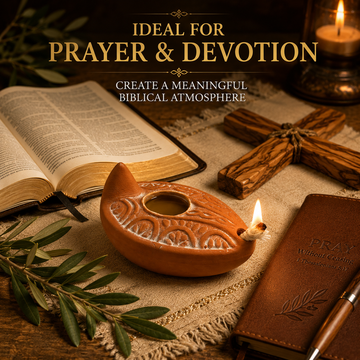 Functional clay oil lamp with olive oil beside Bible and olive wood cross for prayer and worship
