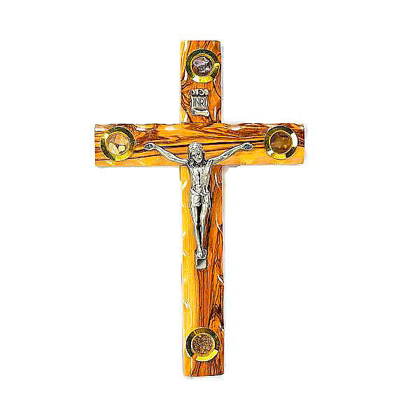 Set Holy Land Souvenir Olive Wood Cross Crucifix + Packet of Holy Earth  with Olive Leaf - Said Factory