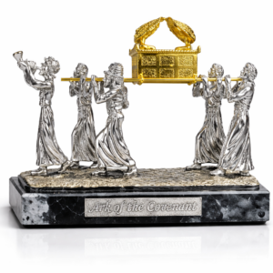 Gold-plated Ark of the Covenant carried by silver-plated Levite priests on a polished black marble base, measuring 6 x 3.5 x 5 inches, inspired by 1 Kings 8:9 for Christian home décor and biblical collections.