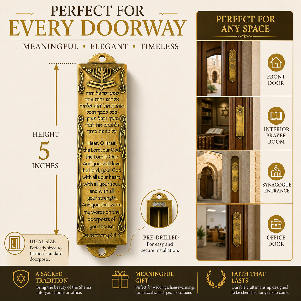 Brass Shema Mezuzah – Hebrew & English Mezuzah with Menorah Design, Deuteronomy 6:4–9 & Mezuzah Scroll Included, 5" - Image 3