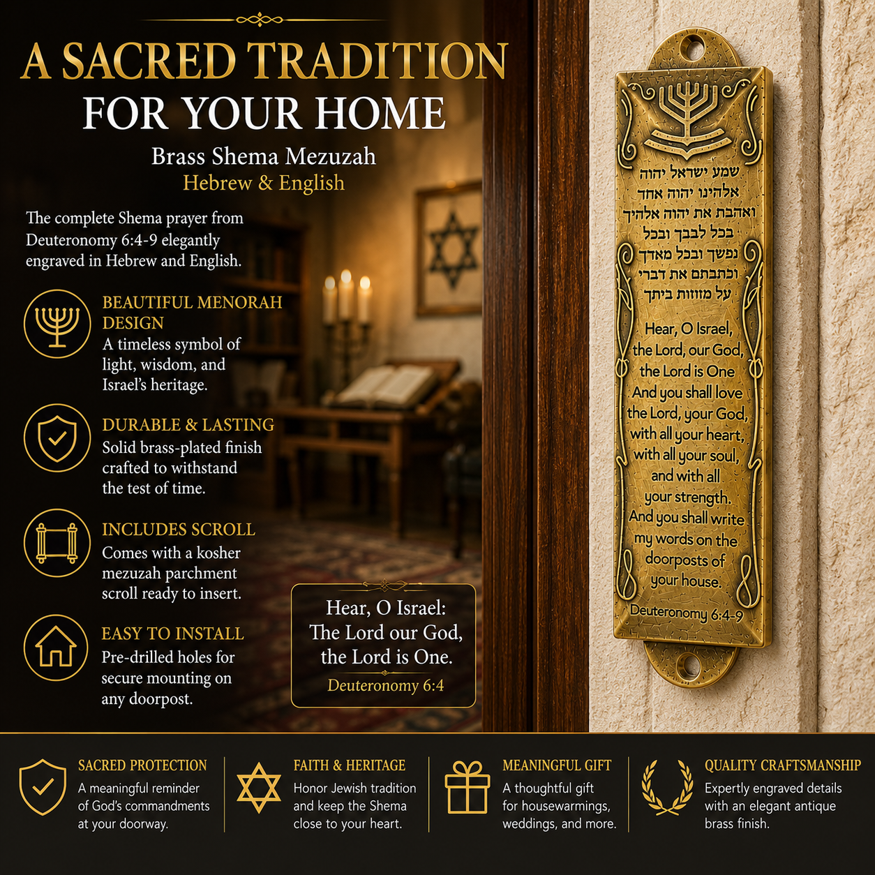 Brass Shema Mezuzah – Hebrew & English Mezuzah with Menorah Design, Deuteronomy 6:4–9 & Mezuzah Scroll Included, 5" - Image 9