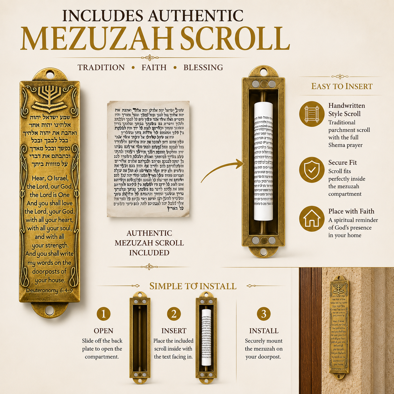 Brass Shema Mezuzah – Hebrew & English Mezuzah with Menorah Design, Deuteronomy 6:4–9 & Mezuzah Scroll Included, 5" - Image 4