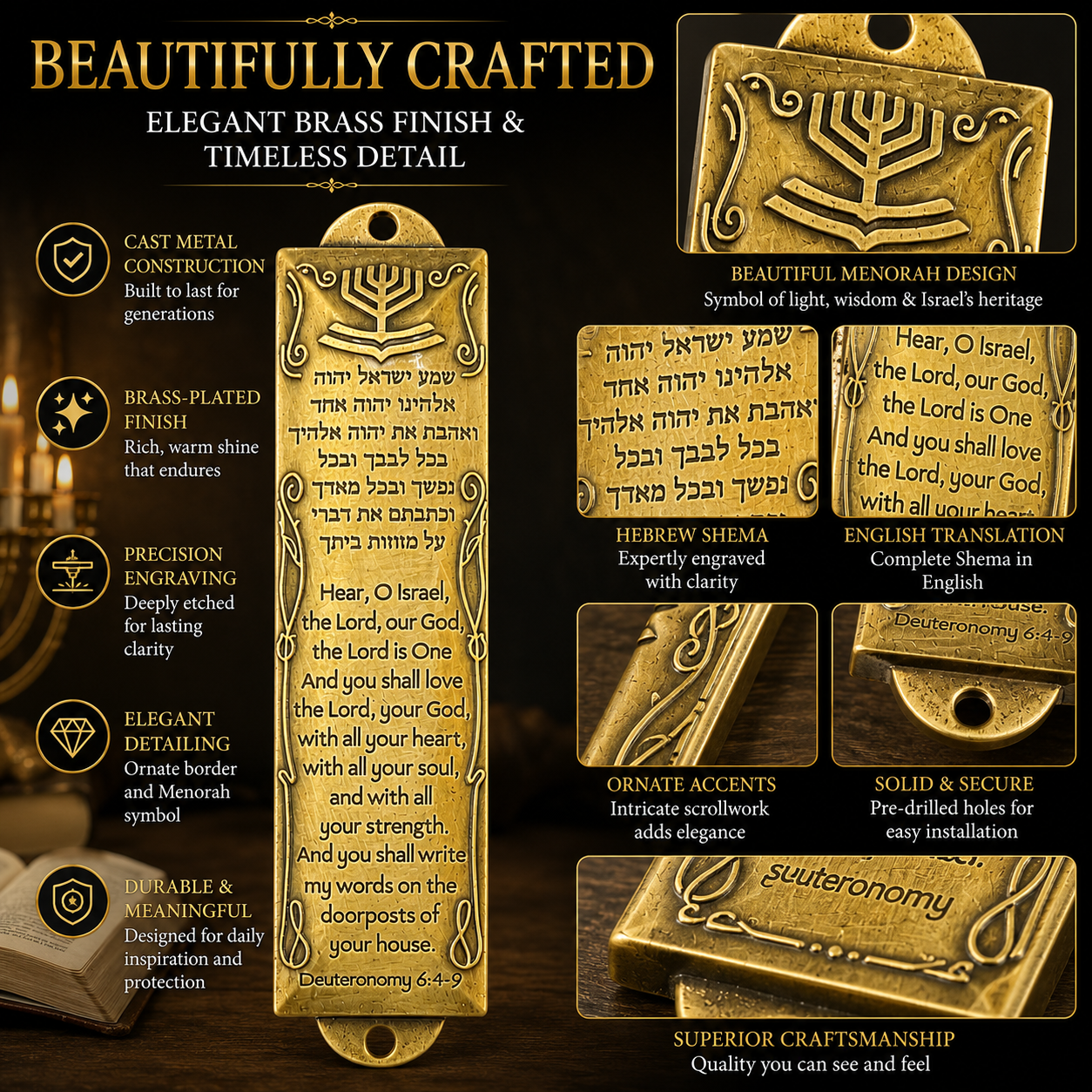 Brass Shema Mezuzah – Hebrew & English Mezuzah with Menorah Design, Deuteronomy 6:4–9 & Mezuzah Scroll Included, 5" - Image 5