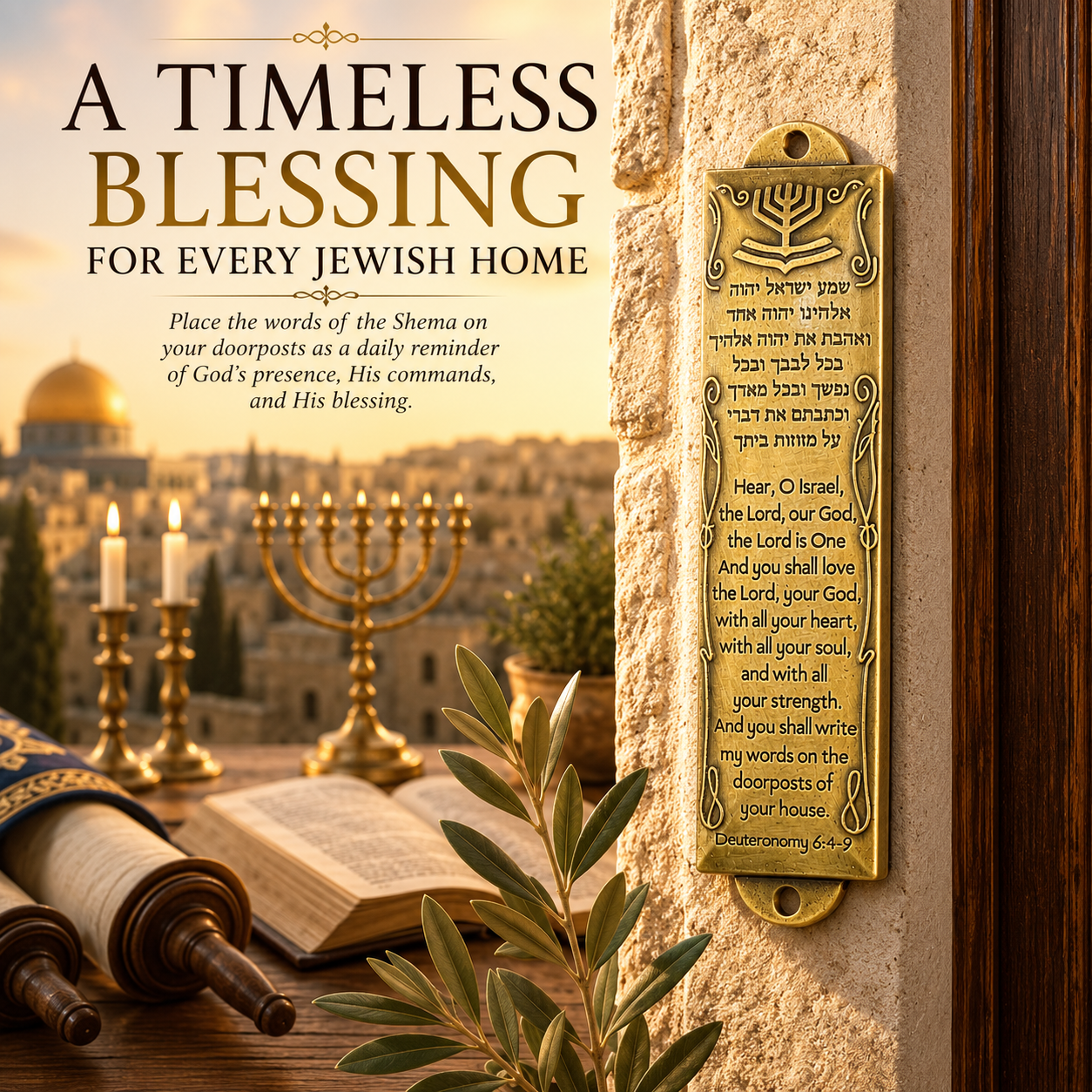 Brass Shema Mezuzah – Hebrew & English Mezuzah with Menorah Design, Deuteronomy 6:4–9 & Mezuzah Scroll Included, 5" - Image 6