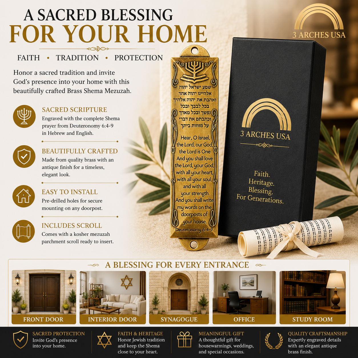 Brass Shema Mezuzah – Hebrew & English Mezuzah with Menorah Design, Deuteronomy 6:4–9 & Mezuzah Scroll Included, 5" - Image 7