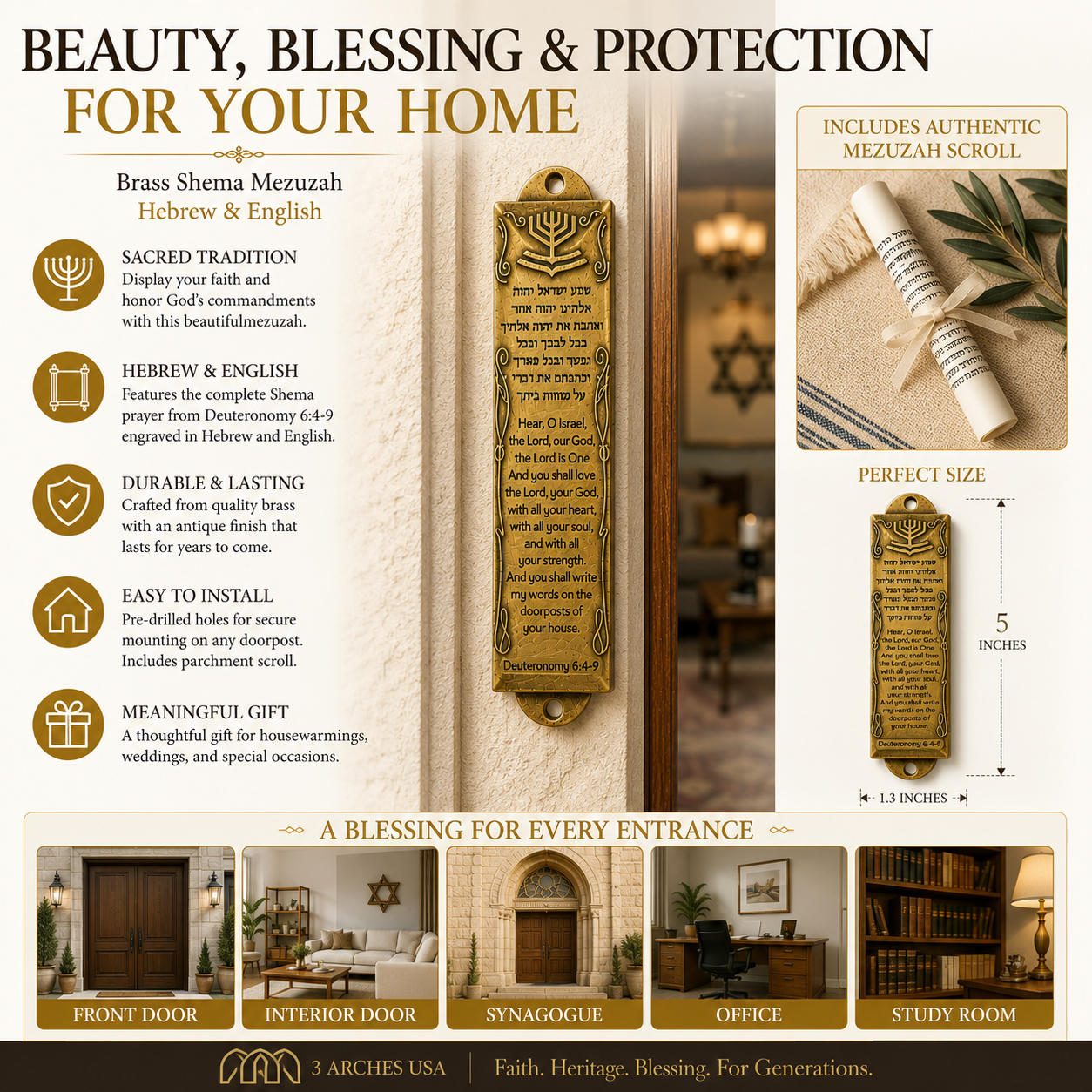 Brass Shema Mezuzah – Hebrew & English Mezuzah with Menorah Design, Deuteronomy 6:4–9 & Mezuzah Scroll Included, 5" - Image 8