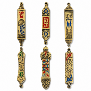 Solid brass Jewish mezuzah available in six traditional designs with an included Hebrew Scripture parchment, measuring 3.5 inches for doorway blessings in homes, offices, and synagogues.