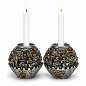 Set of two Jerusalem Globe Candle Holders featuring detailed Holy City scenes, silver and gold-plated finish, and traditional Shabbat candle holder design.