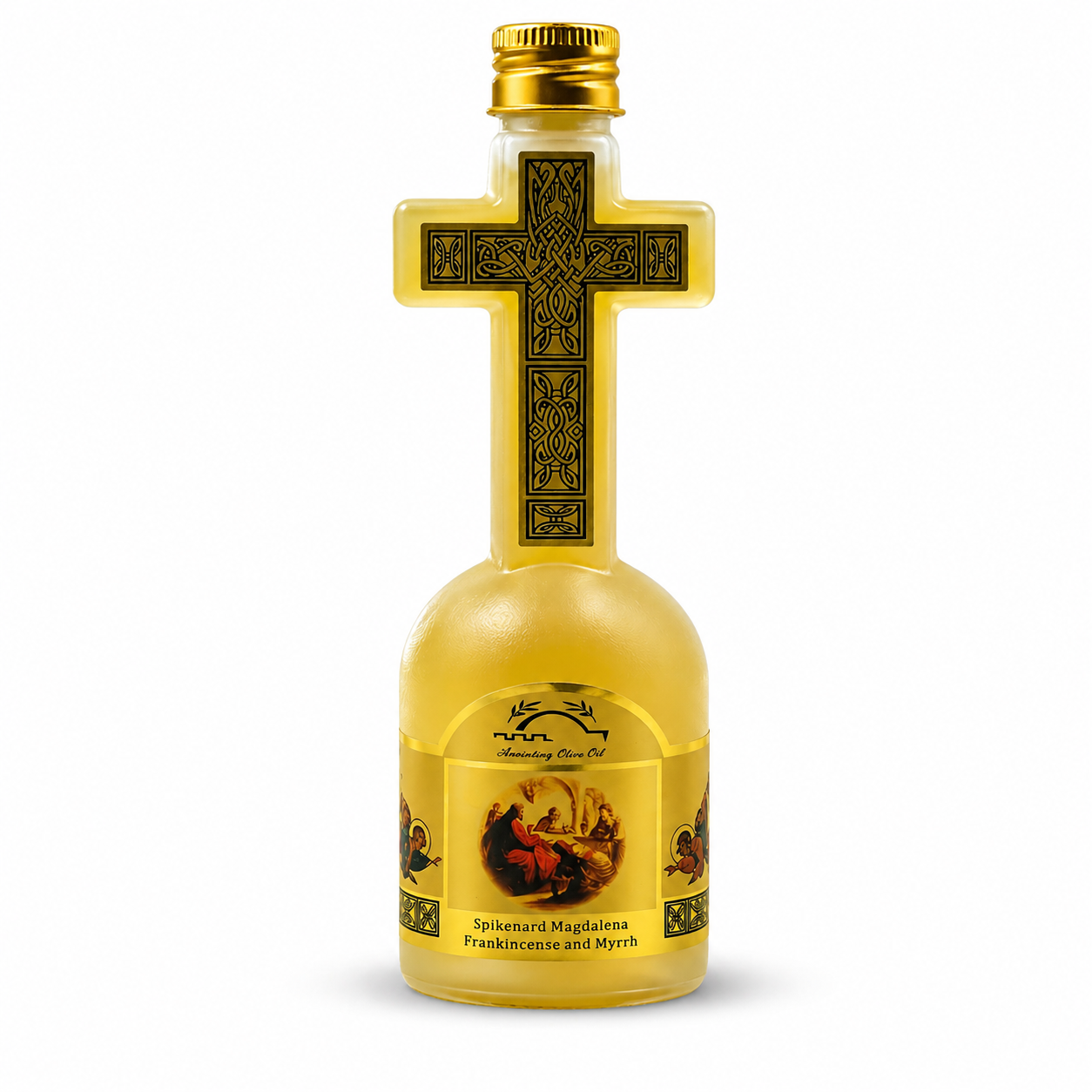 Cross-shaped bottle filled with Frankincense, Myrrh and Spikenard Anointing Oil, 120ml Holy Land inspired prayer oil for worship, blessings and Christian gifts