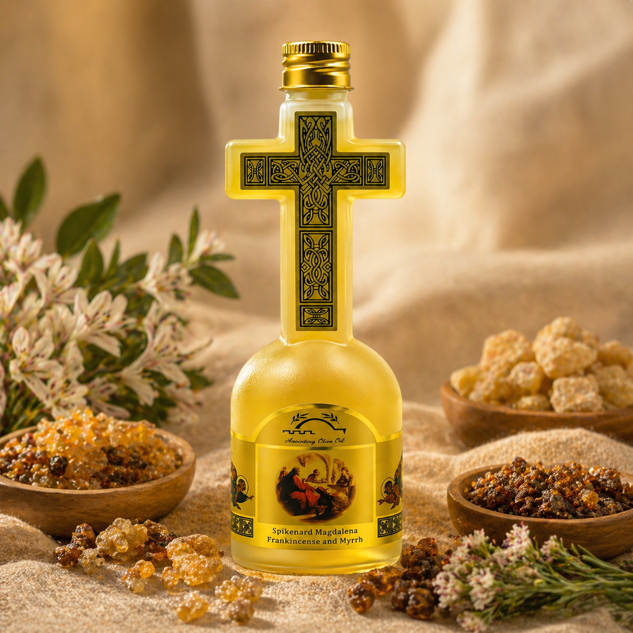 Holy Land Anointing Oil with Frankincense, Myrrh & Spikenard – Cross Bottle 120ml - Image 3