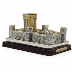 Detailed Second Temple of Jerusalem Model featuring metallic gold and silver finishes on a wooden base, designed as a biblical replica for Christian and Jewish home décor, educational displays, and Holy Land collections.
