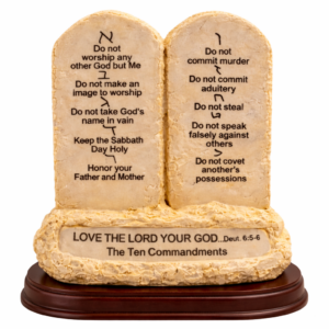 Ten Commandments Tabletop Decor featuring a realistic stone tablet replica with Scripture from Deuteronomy 6:5-6 on a wooden base, measuring 7 inches tall for Christian home and office décor.