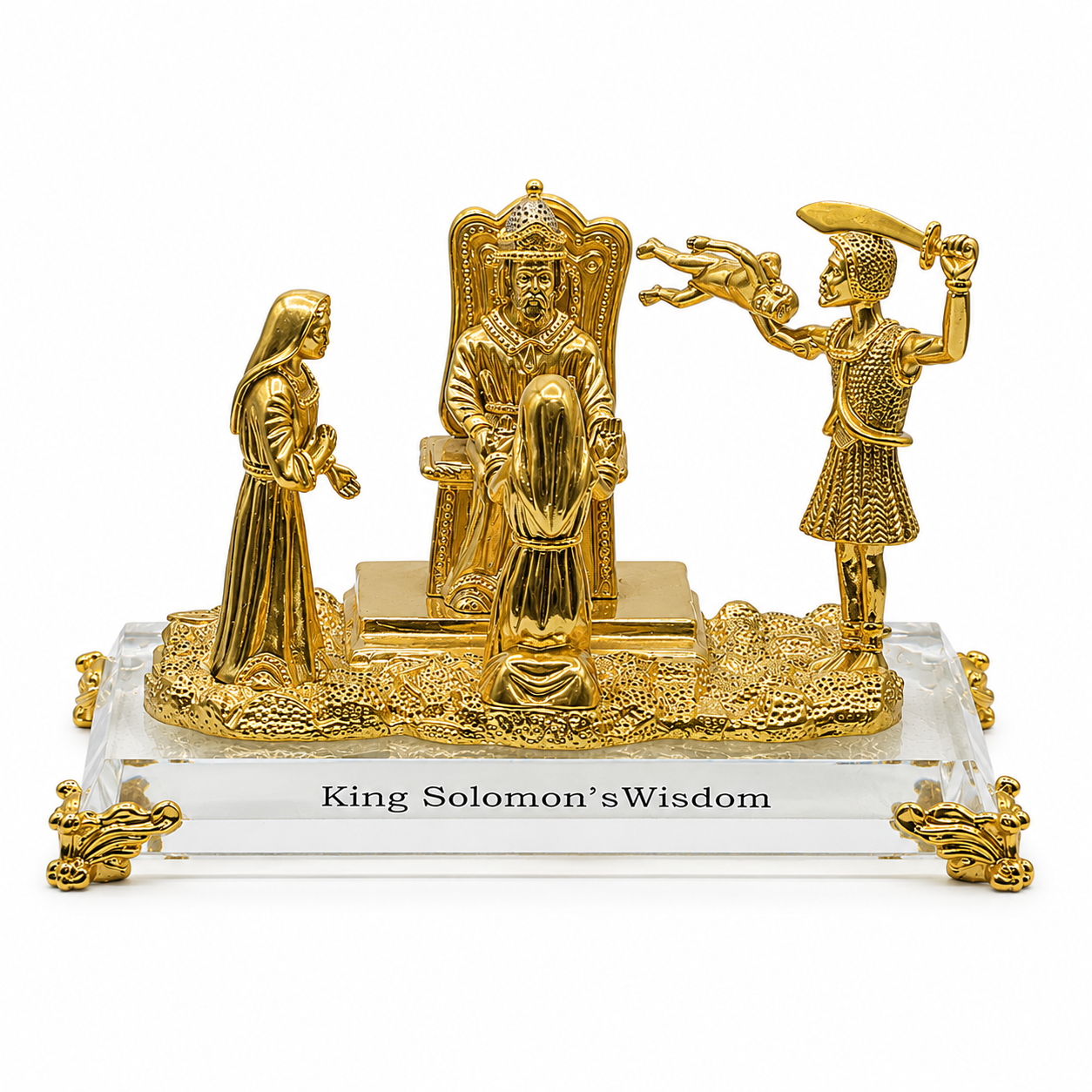 King Solomon's Wisdom Statue available in 24K gold plated or pewter finish on a crystal base, an elegant biblical sculpture for Christian home décor, offices, and meaningful faith-inspired gifts.