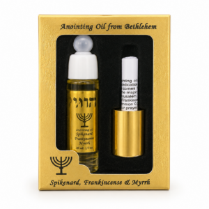 Spikenard Anointing Oil Roll On bottle featuring Menorah symbol and Kadosh Hebrew inscription, 10ml holy oil for prayer and worship