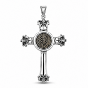 Silver Plated Widow's Mite Cross Necklace featuring an authentic Widow's Mite coin inspired by Mark 12:41–44, symbolizing faith, generosity, and Christian devotion.