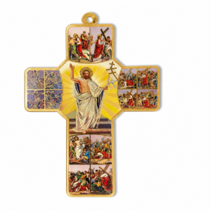Wooden Christian wall cross featuring Jesus Christ, the Holy Spirit, and colorful Holy Bible artwork, available in six inspirational designs for home décor and faith-inspired gifts.