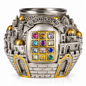 Jerusalem Candle Holder with 12 Tribes Breastplate – Silver & Gold Holy Land Tealight Holder – Jerusalem Home Décor Gift