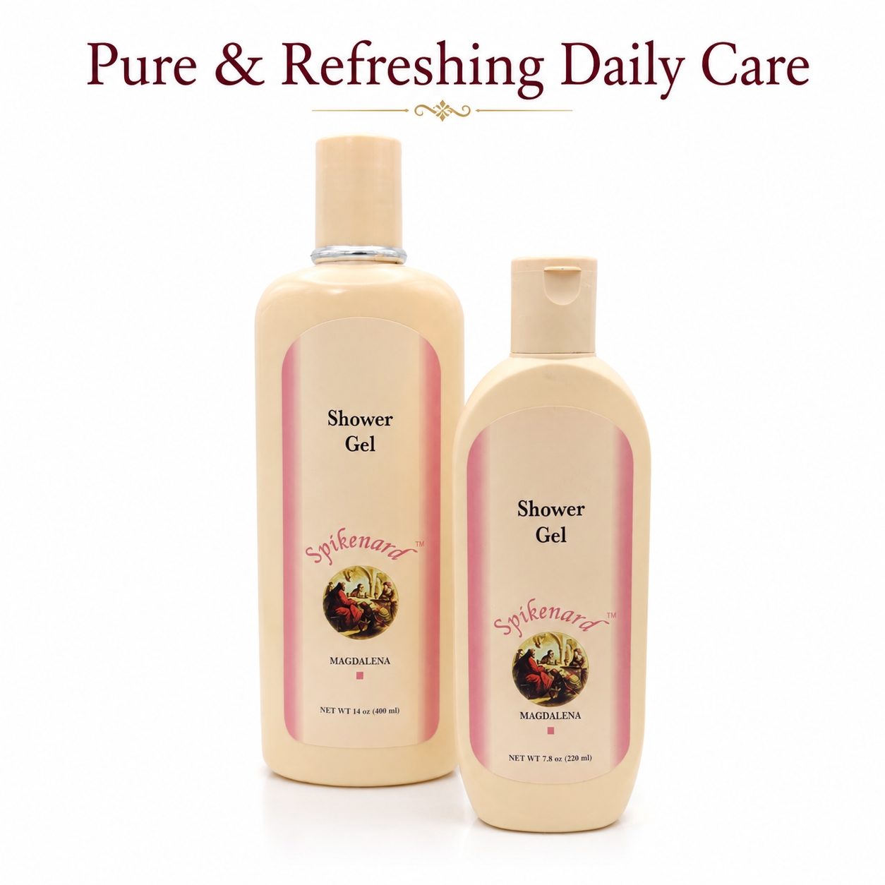 Spikenard Magdalena Shower Gel bottles in 7.8 oz and 14 oz sizes displayed together on white background