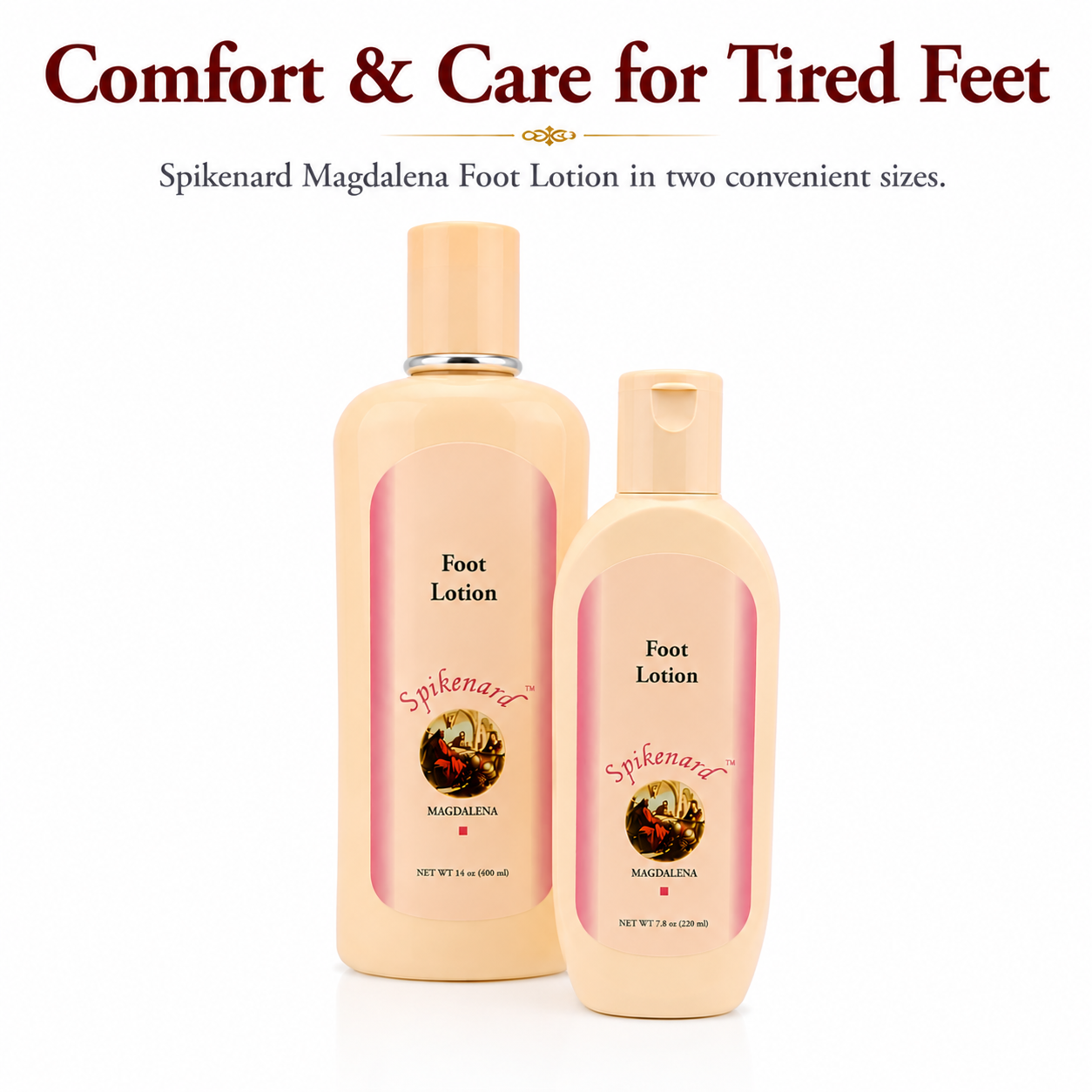 Spikenard Magdalena Foot Lotion in 220ml and 400ml bottles on white background providing nourishing foot care inspired by biblical spikenard fragrance.