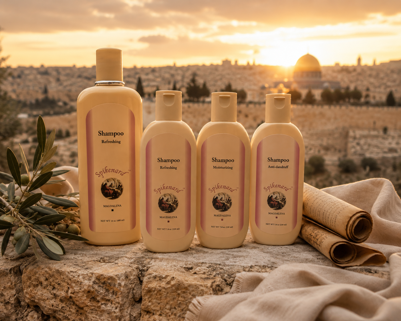 Spikenard Magdalena shampoo collection featuring Refreshing, Moisturizing, and Anti-Dandruff shampoos inspired by biblical Spikenard, displayed on Jerusalem stone overlooking the Holy Land.