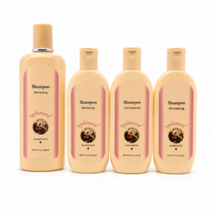 Complete Spikenard Magdalena shampoo collection on white background featuring Refreshing Shampoo, Moisturizing Shampoo, and Anti-Dandruff Shampoo in multiple sizes.