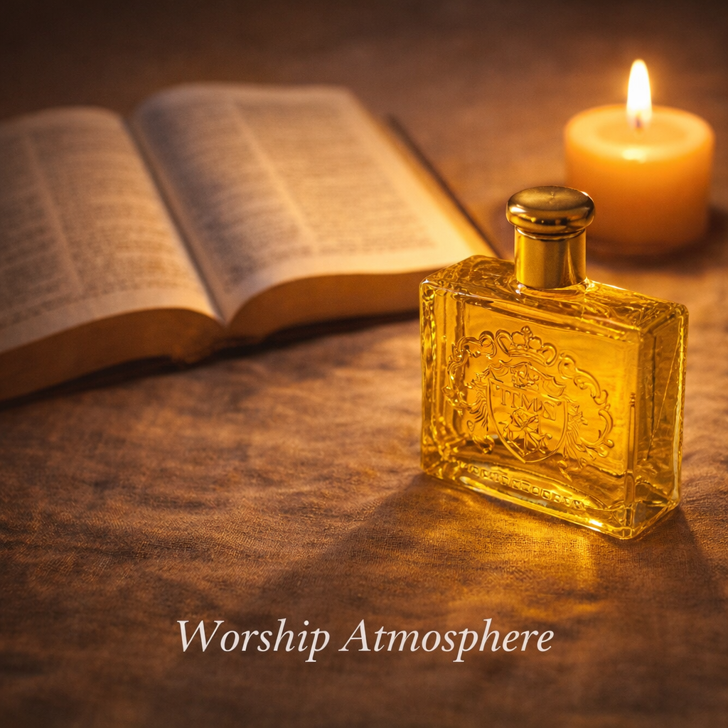 TBN Holy Land anointing oil beside open Bible and candle, creating a peaceful worship atmosphere for prayer, devotion, and spiritual reflection.