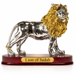 Lion of Judah Statue featuring a detailed resin lion with metallic gold and silver finish mounted on a wooden base, inspired by Revelation 5:5 for Christian home décor and faith-inspired gifts.