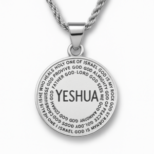 Double-sided Yeshua Names of God medallion necklace featuring the names of God in English on one side and Hebrew on the reverse, available in gold plated and silver plated finishes with matching chain.