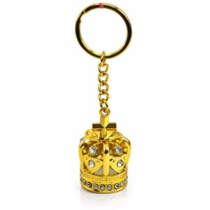 Christian Crown Keychain with gold-tone 3D crown, cross, sparkling clear crystals, and gift pouch for handbags, backpacks, and car keys.