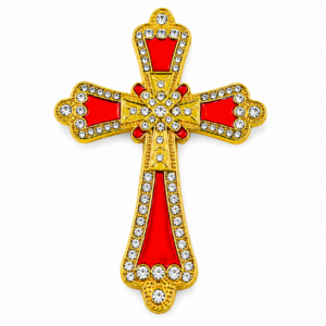 Red Cross Magnet featuring red enamel and clear stones for Christian home décor, refrigerator decoration, and faith-inspired gifts.