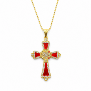Gold-plated Red Cross Pendant Necklace featuring 83 clear stones, red enamel, and a 20-inch chain for Christian faith jewelry.