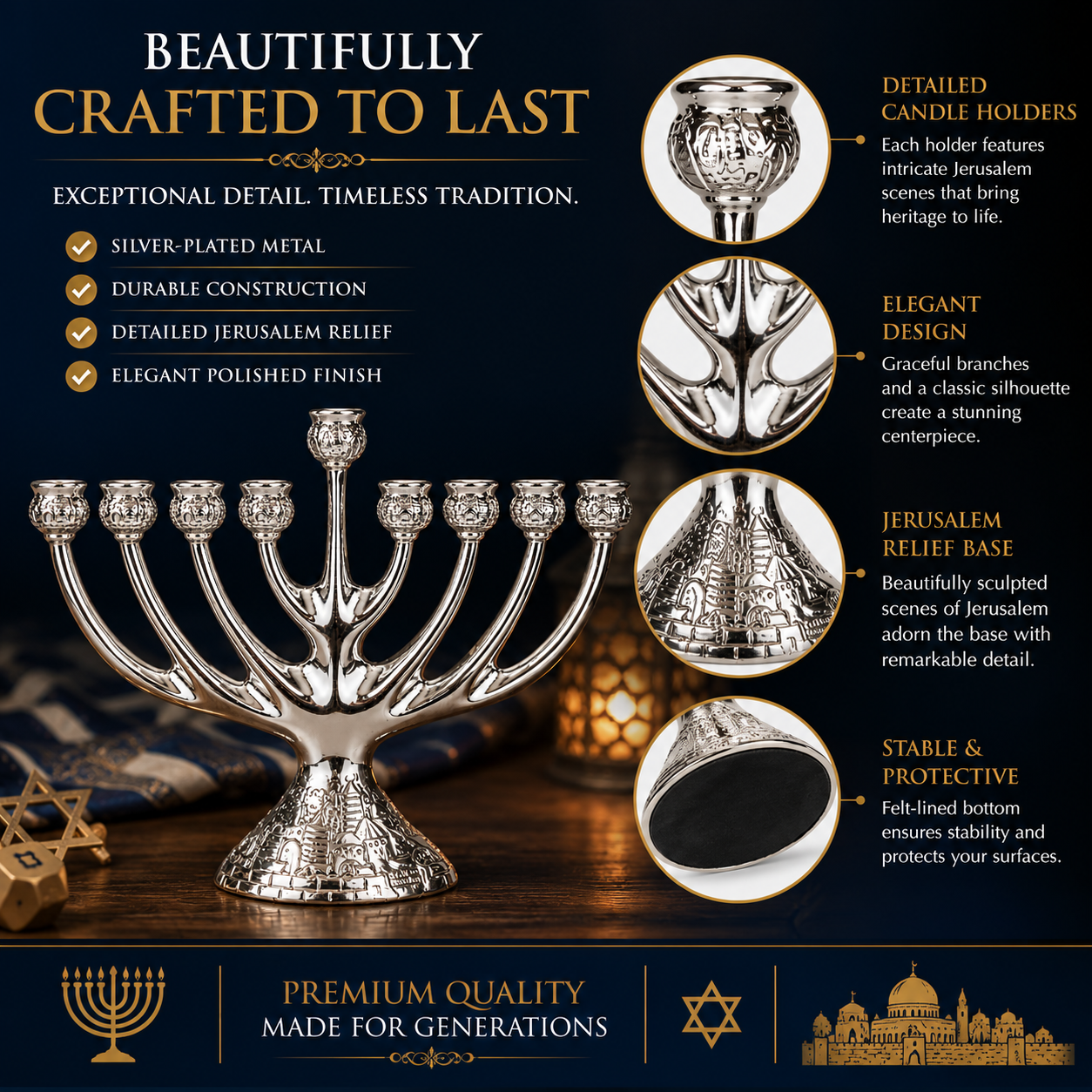 Silver-Plated Hanukkah Menorah – 9 Branch Jerusalem Hanukkiah with Holy City Design, Metal Candle Holder for Hanukkah, 7" x 9" - Image 3