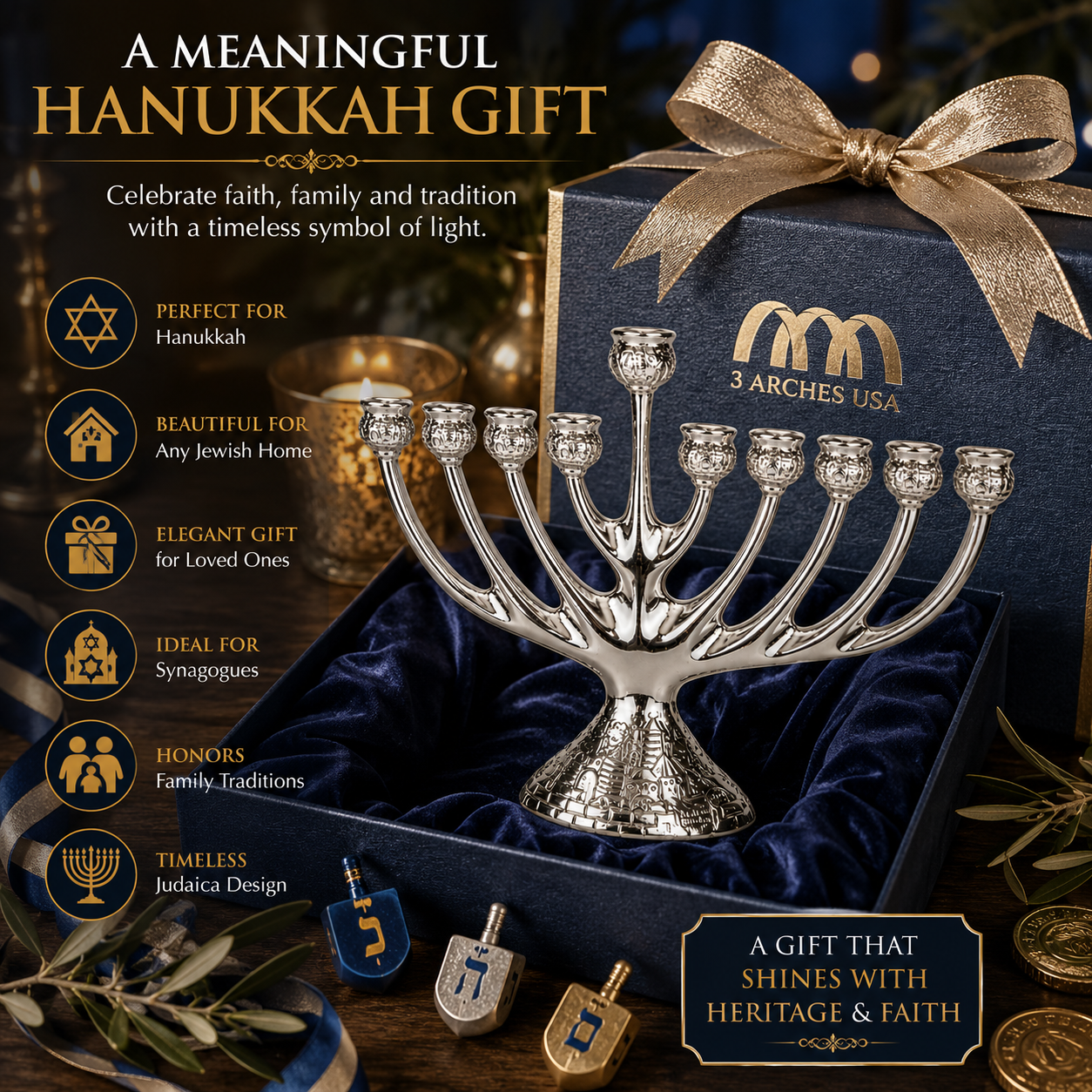 Silver-Plated Hanukkah Menorah – 9 Branch Jerusalem Hanukkiah with Holy City Design, Metal Candle Holder for Hanukkah, 7" x 9" - Image 6