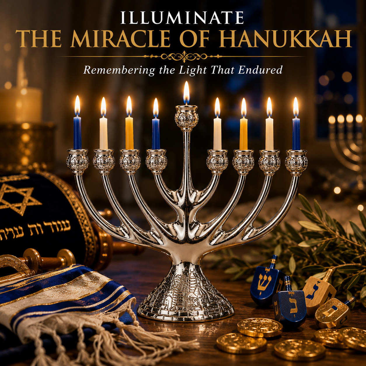 Silver-Plated Hanukkah Menorah – 9 Branch Jerusalem Hanukkiah with Holy City Design, Metal Candle Holder for Hanukkah, 7" x 9" - Image 4