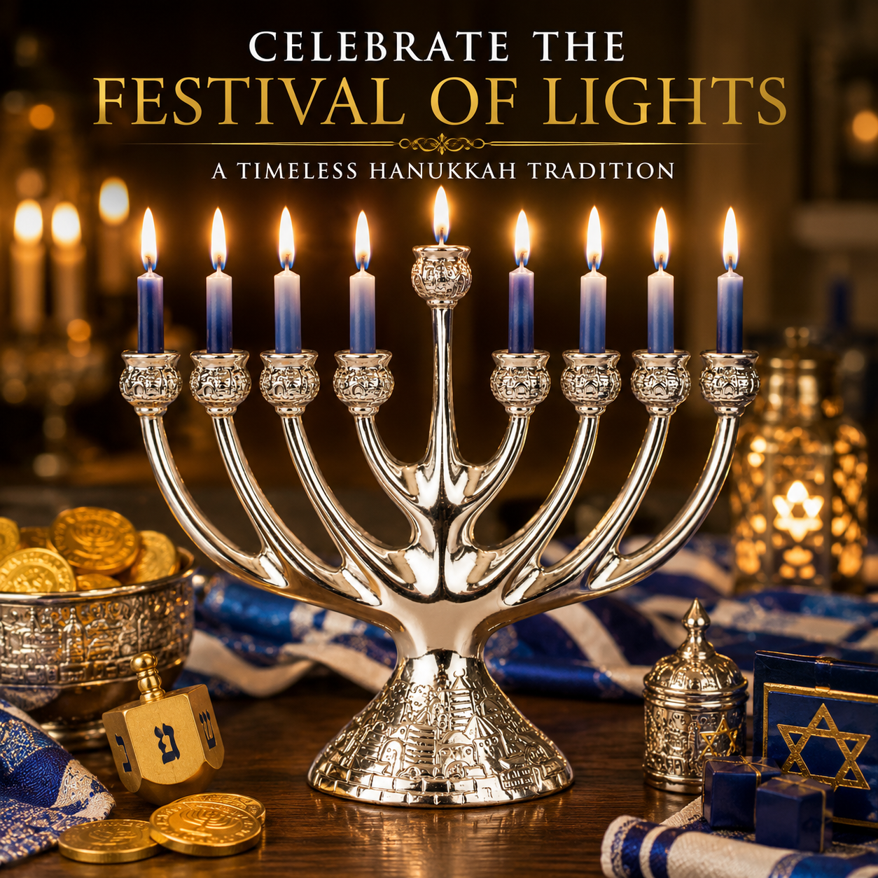 Silver-Plated Hanukkah Menorah – 9 Branch Jerusalem Hanukkiah with Holy City Design, Metal Candle Holder for Hanukkah, 7" x 9" - Image 8