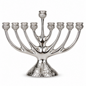 Silver-plated nine-branch Hanukkah Menorah featuring detailed Jerusalem scenes on each candle holder and decorative base, measuring 7 inches tall by 9 inches wide and designed for standard 0.5-inch Hanukkah candles.