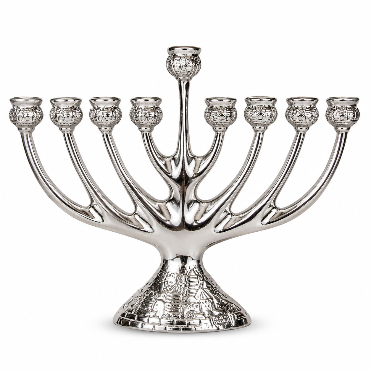 Silver-plated nine-branch Hanukkah Menorah featuring detailed Jerusalem scenes on each candle holder and decorative base, measuring 7 inches tall by 9 inches wide and designed for standard 0.5-inch Hanukkah candles.
