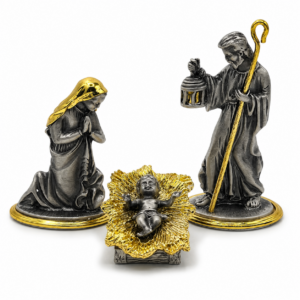 Three-piece Metal Nativity Set featuring Mary, Joseph, and Baby Jesus in gold-plated pewter, standing 4.5 inches tall for Christian Christmas home décor.