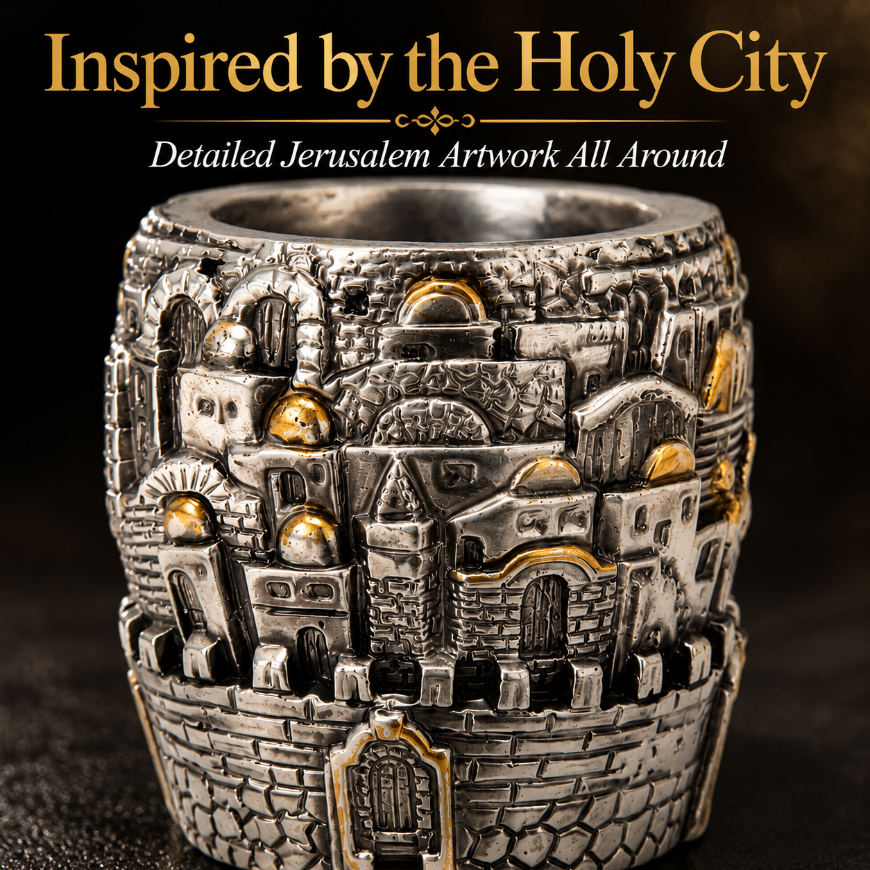 Jerusalem Pen Holder for Desk – Holy City Desk Organizer with Silver & Gold Jerusalem Scenes, Christian Office Décor, Judaica Pencil Cup, Holy Land Gift (3") - Image 3