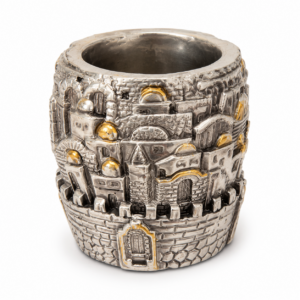 Jerusalem pen holder for desk with detailed Holy City scenes in silver and gold finish