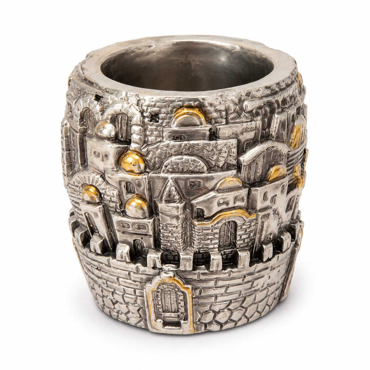 Jerusalem pen holder for desk with detailed Holy City scenes in silver and gold finish