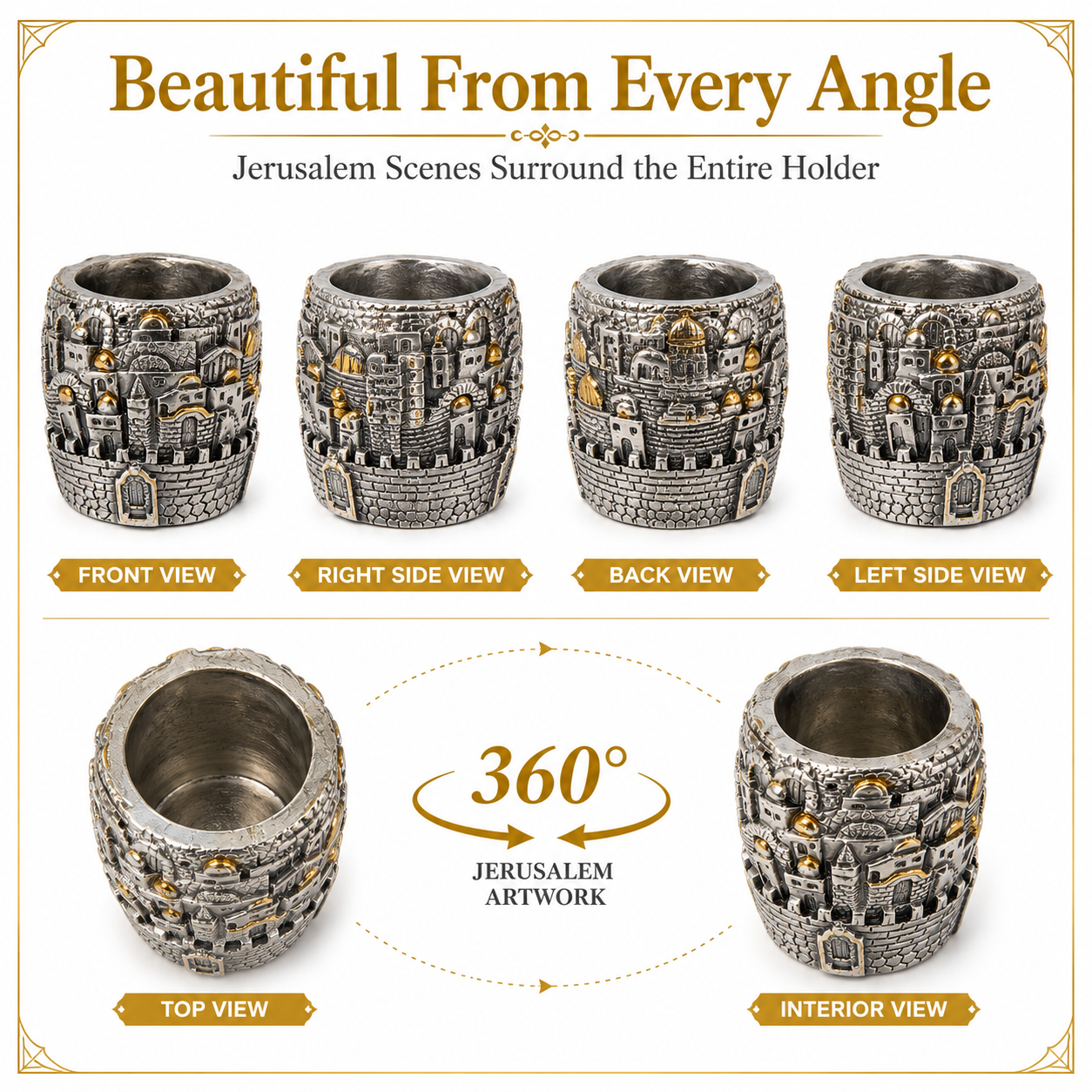 Jerusalem Pen Holder for Desk – Holy City Desk Organizer with Silver & Gold Jerusalem Scenes, Christian Office Décor, Judaica Pencil Cup, Holy Land Gift (3") - Image 4