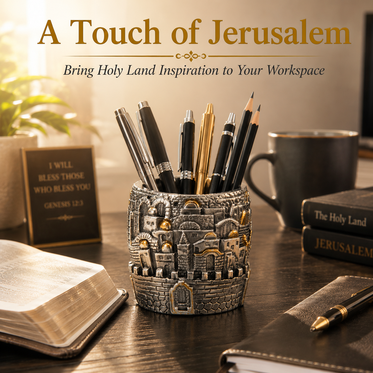 Jerusalem Pen Holder for Desk – Holy City Desk Organizer with Silver & Gold Jerusalem Scenes, Christian Office Décor, Judaica Pencil Cup, Holy Land Gift (3") - Image 5