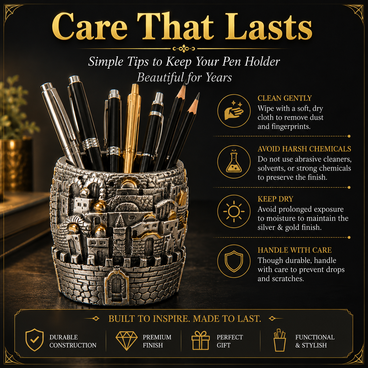 Jerusalem Pen Holder for Desk – Holy City Desk Organizer with Silver & Gold Jerusalem Scenes, Christian Office Décor, Judaica Pencil Cup, Holy Land Gift (3") - Image 6