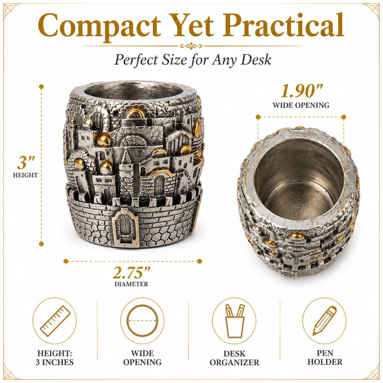 Jerusalem Pen Holder for Desk – Holy City Desk Organizer with Silver & Gold Jerusalem Scenes, Christian Office Décor, Judaica Pencil Cup, Holy Land Gift (3") - Image 7