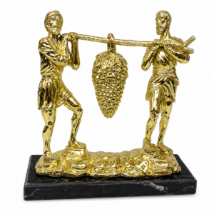 Joshua and Caleb carrying grapes from the Promised Land statue, available in gold or silver plated cast metal on a marble-look base, measuring 6.6 x 3.5 x 8.2 inches for Christian home décor.